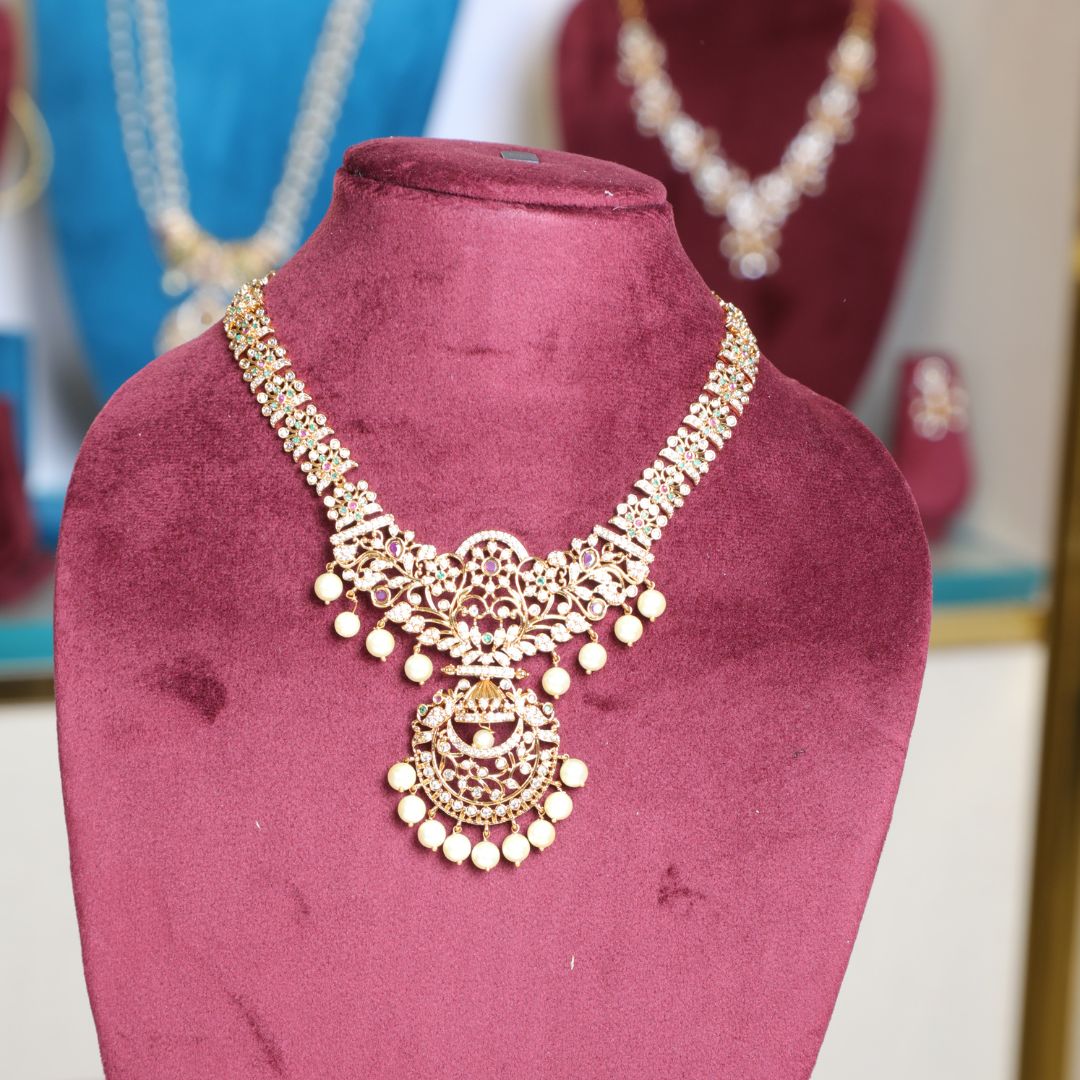 Chandbali Neckset with pearl drops.
