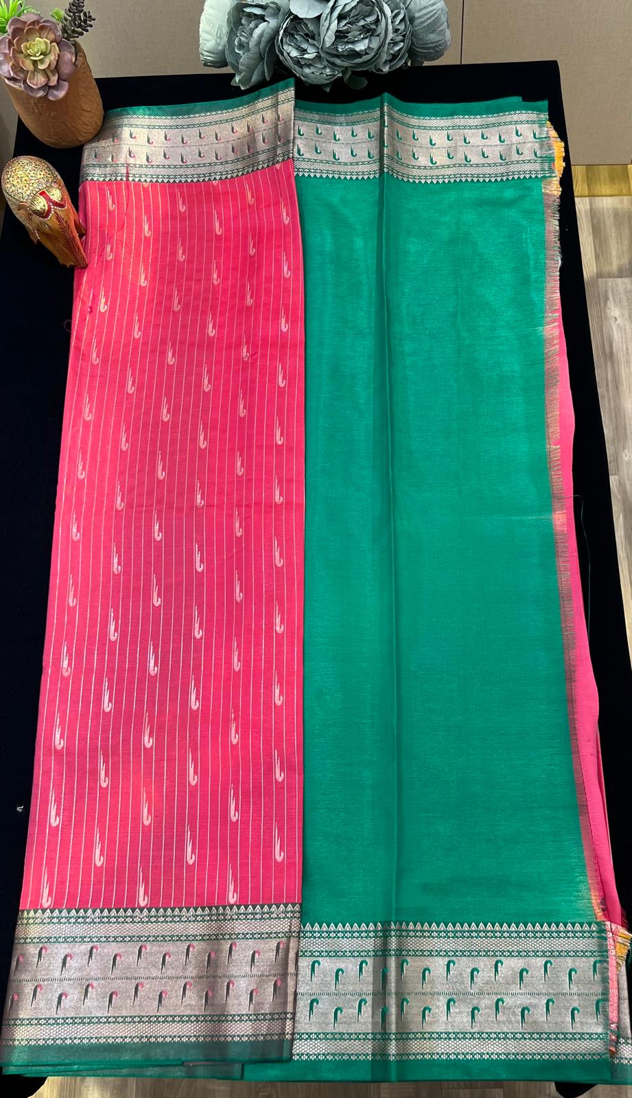 Satin pattu saree with Muniya motiffs