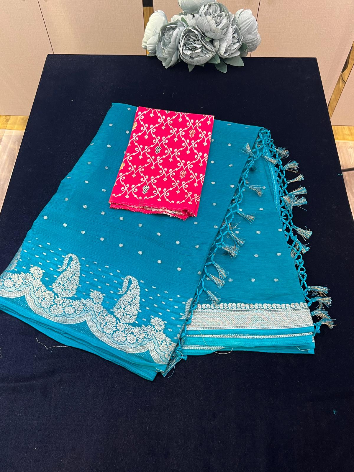 Chiffon Crape silk with Mango Weaving Border