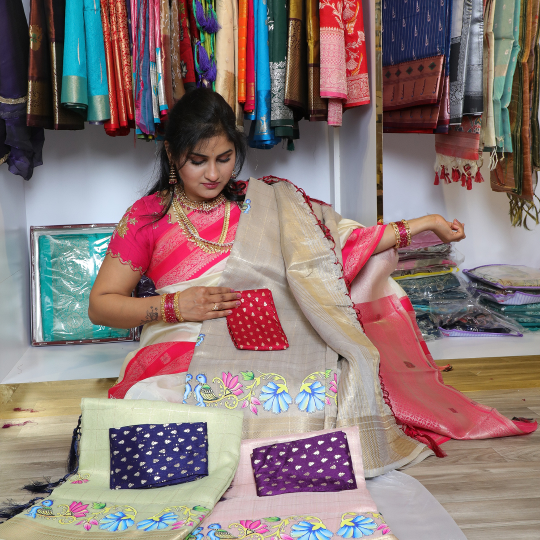 Tissue dola silk saree with tanjoor print.