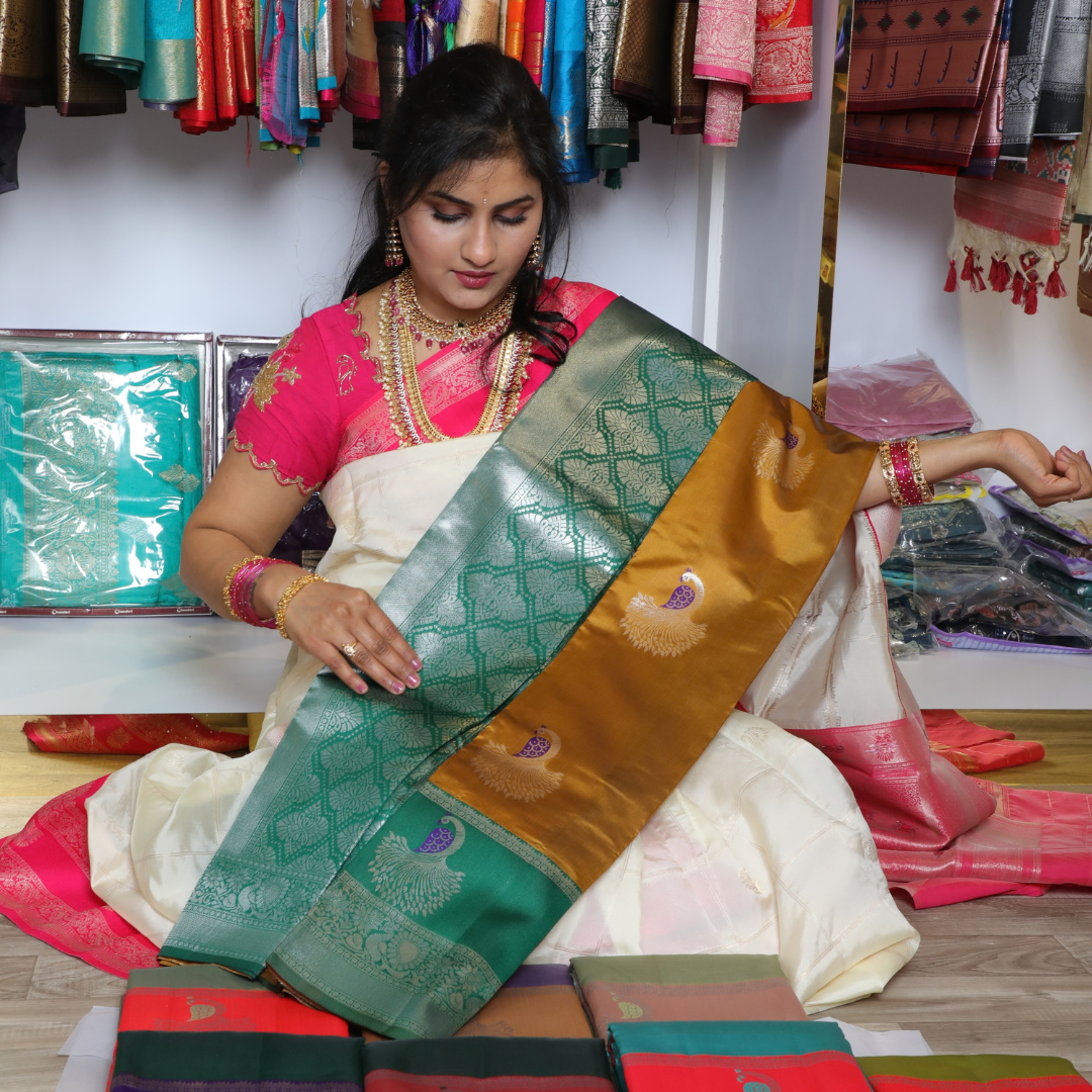 Kanchipuram semi silk saree peacock design.