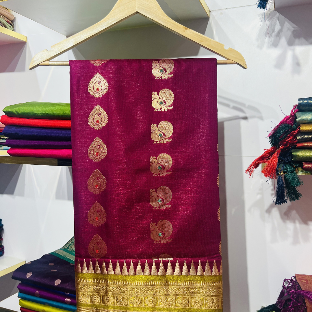 Satin pattu saree with temple border