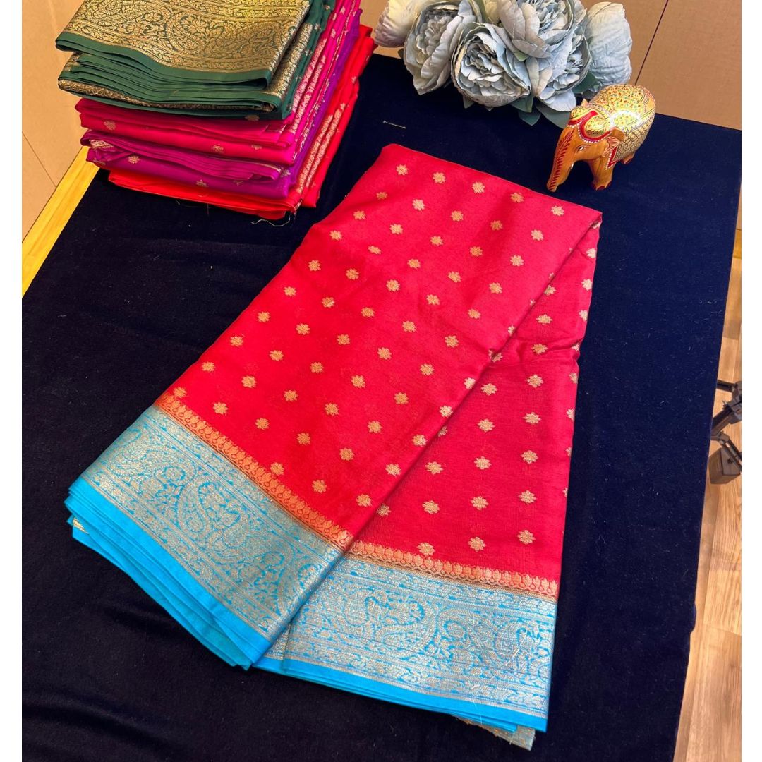 Banarasi kora cotton saree with allover golden zari butties