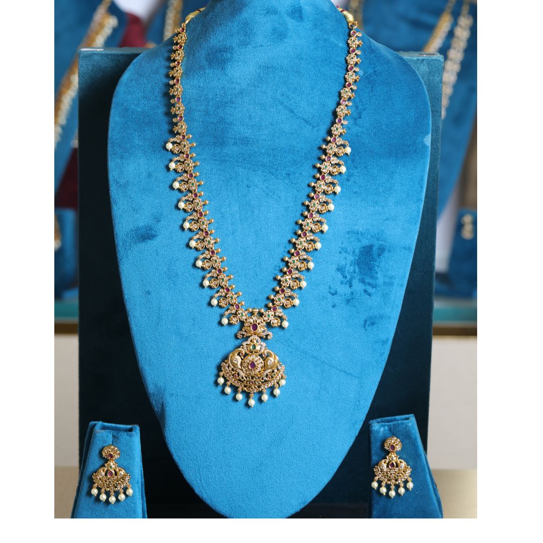 Nakshi long haram with peacock & floral Design