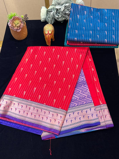 Satin pattu saree with Muniya motiffs