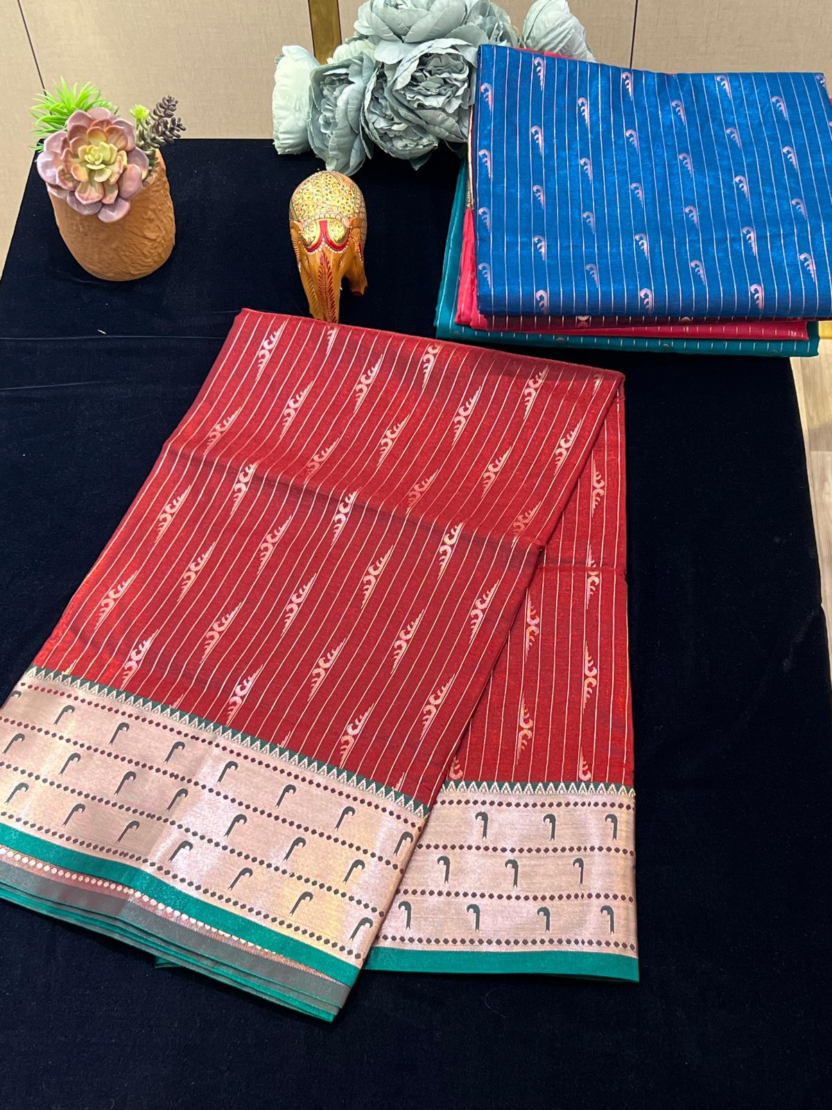 Satin pattu saree with Muniya motiffs
