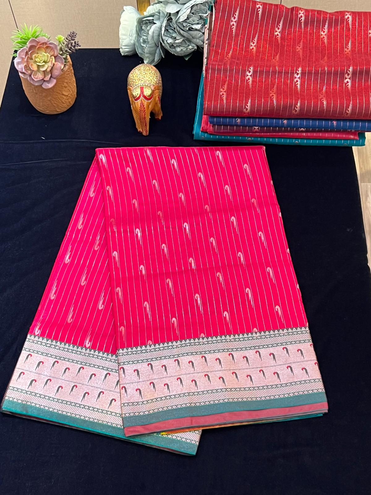 Satin pattu saree with Muniya motiffs