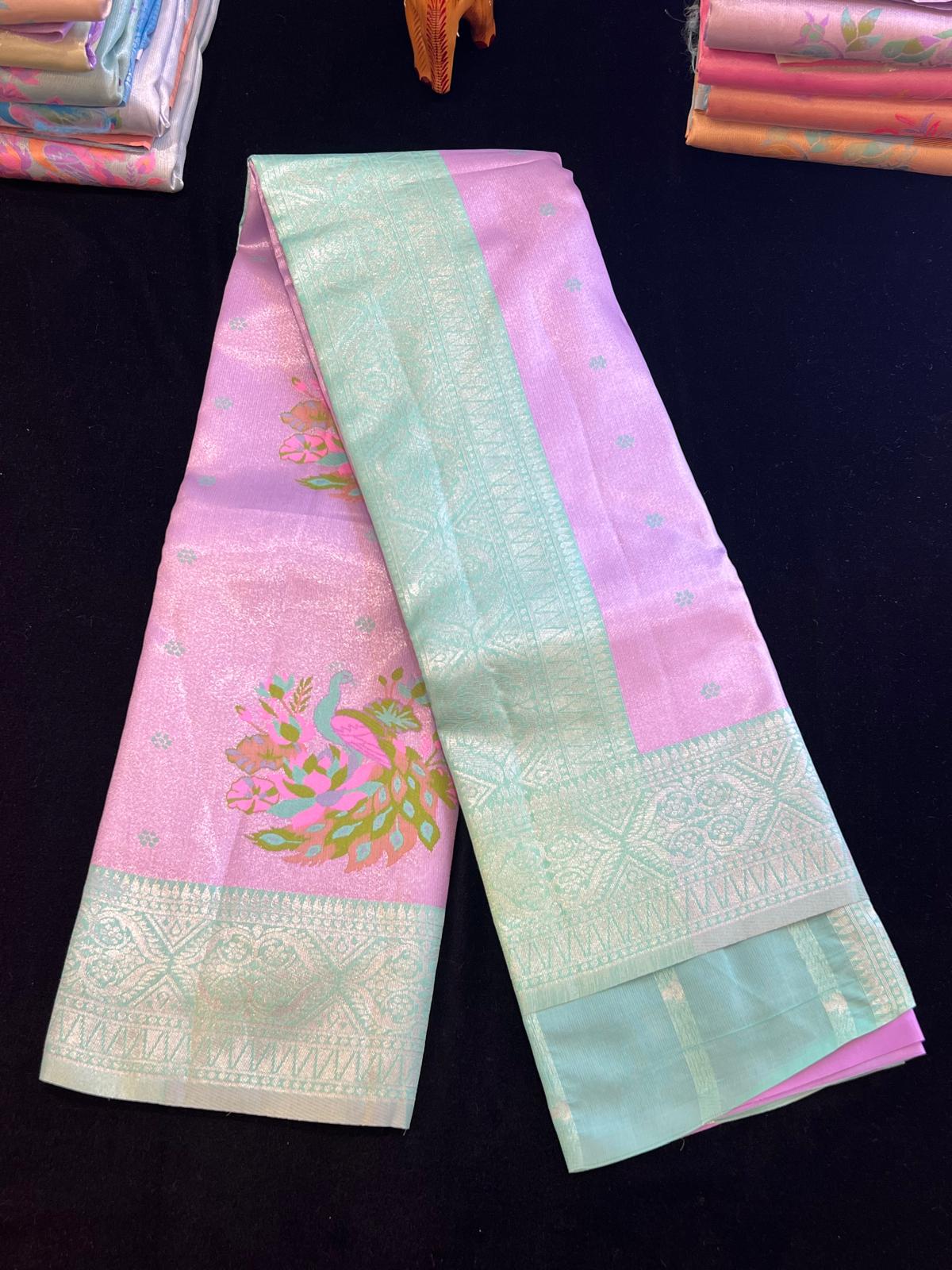 Pastel pattu saree with Menakari weaving peacock design