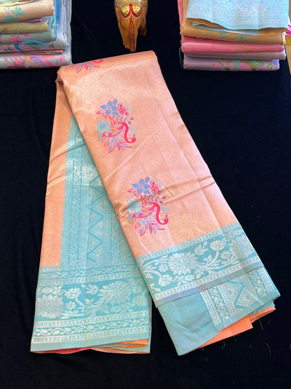 Pastel pattu saree with Menakari weaving peacock design