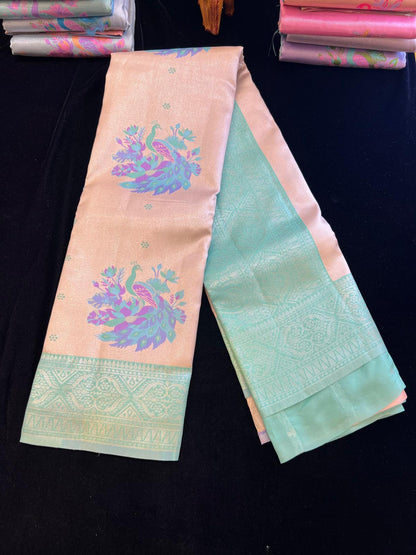 Pastel pattu saree with Menakari weaving peacock design