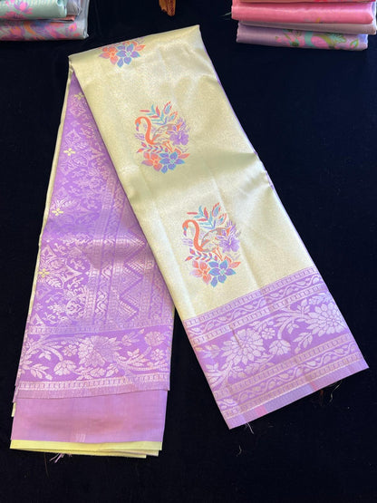Pastel pattu saree with Menakari weaving peacock design
