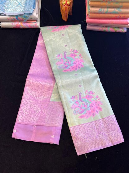 Pastel pattu saree with Menakari weaving peacock design