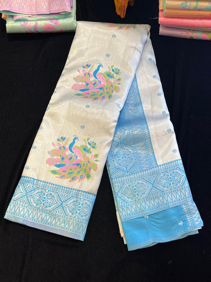 Pastel pattu saree with Menakari weaving peacock design