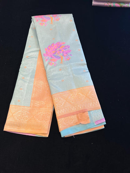 Pastel pattu saree with Menakari weaving peacock design