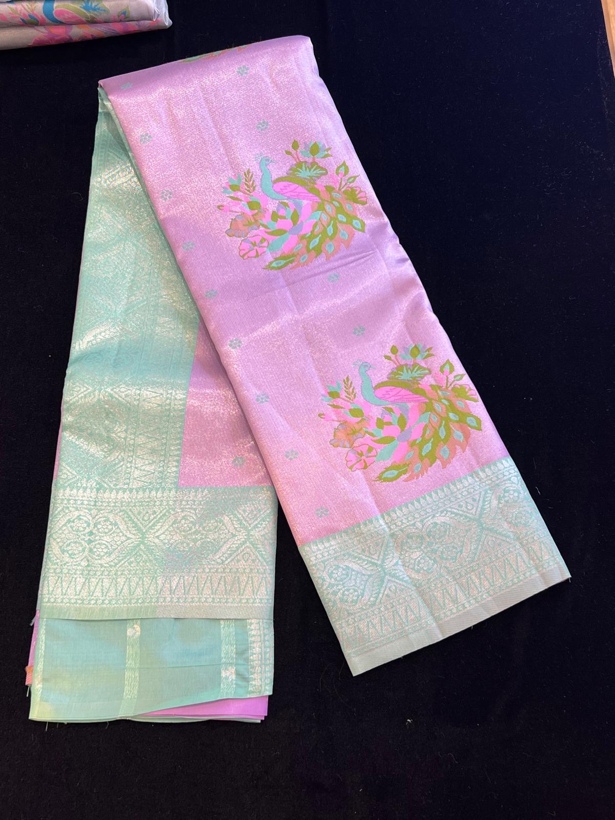 Pastel pattu saree with Menakari weaving peacock design