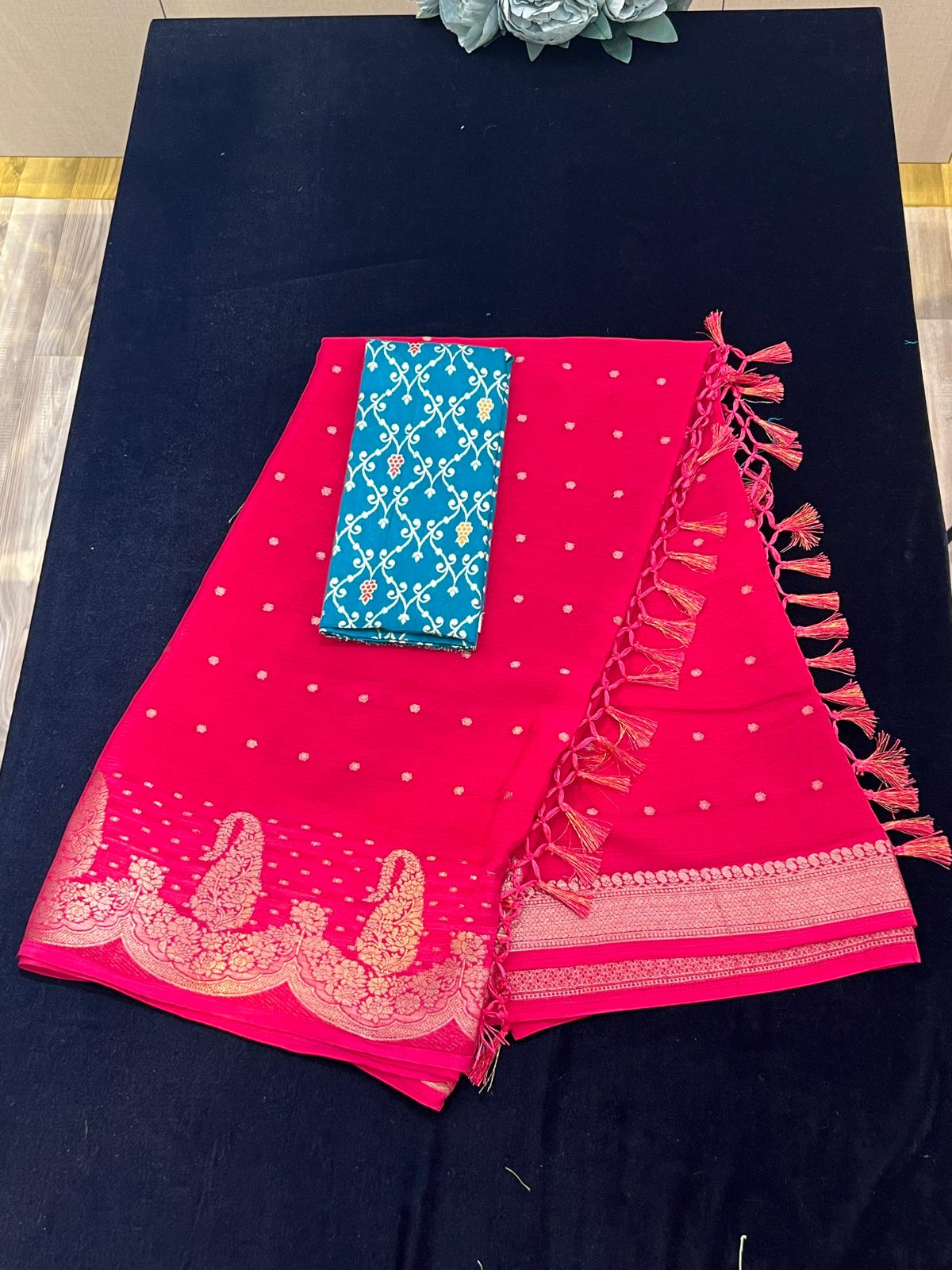 Chiffon Crape silk with Mango Weaving Border